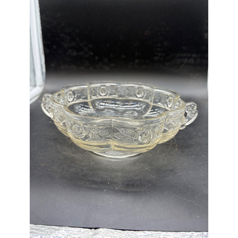 Vintage‎ Clear Pressed Glass Rose Pattern Scalloped Nappy Bowl with Handles